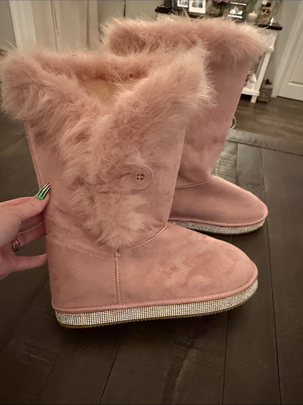 Shoe Dazzle Loretta Pink Faux-Fur Crystal-Trim Winter Slippers